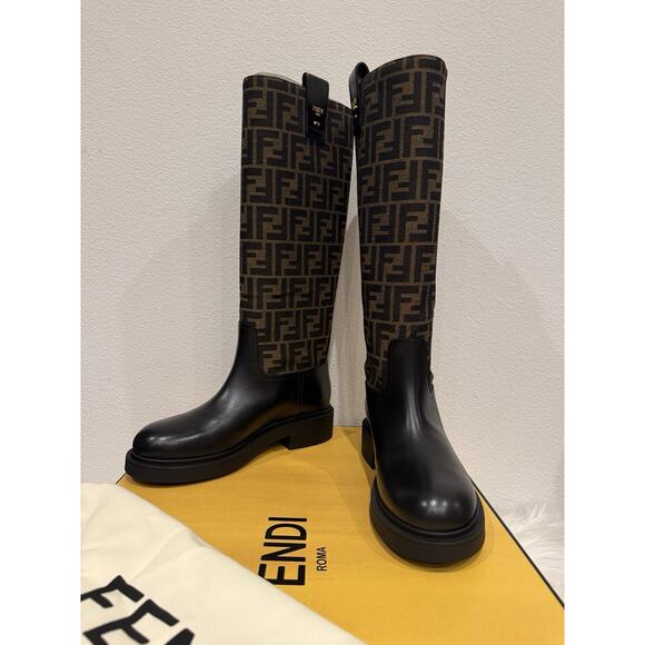 Fendi Filo FF Logo Zucca Monogram Jacquard Rockoko Chenille Knee High Boot - Picture 4 of 16